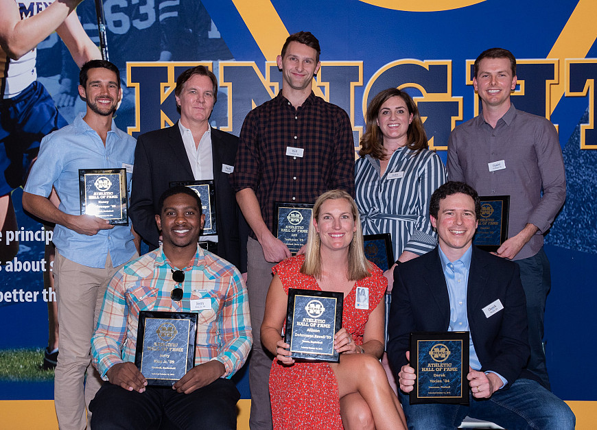 2019 Menlo Athletic Hall of Fame inductees (back row, left to right) Kenny Diekroeger '09, David ...