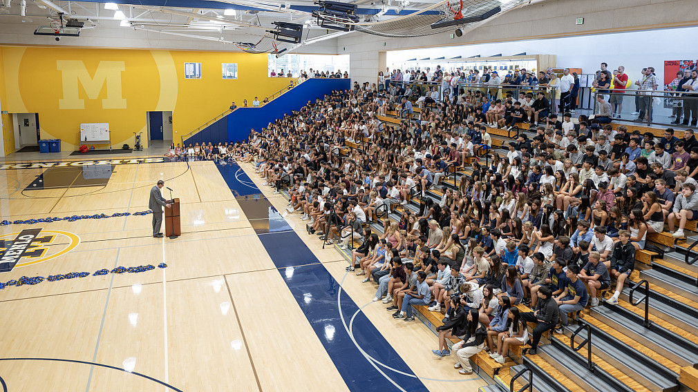 Than Healy addresses Upper School students at Welcome Back assembly