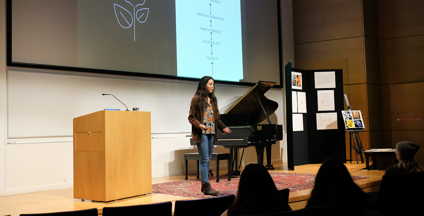 A Menlo student presenting their IP capstone project in Martin Hall.