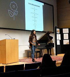 A Menlo student presenting their IP capstone project in Martin Hall.