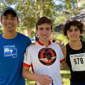 Menlo School seniors, from left:  Samuel Warman (swim), Sam Engel (bike), and Max Talwar (run) and won the Lake Tahoe Olympic Distance Tr...