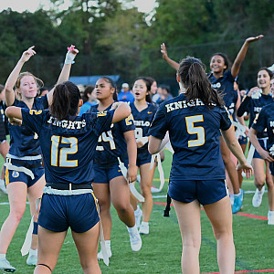Menlo flag football celebrates after defeating Menlo-Atherton in the CCS Open semifinals at home.