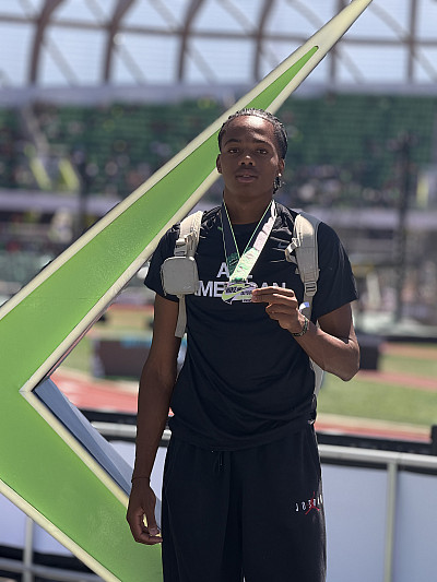Menlo sophomore hurdler Tres Onyejekwe is an All-American after taking fifth in the 400-meter hurdles Championship Division with a time o...