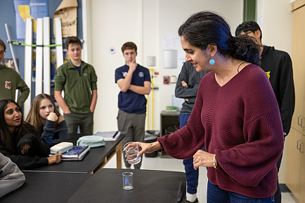 US Academics 013 Science Nina Arnberg demonstrates various principles of physics to her class.