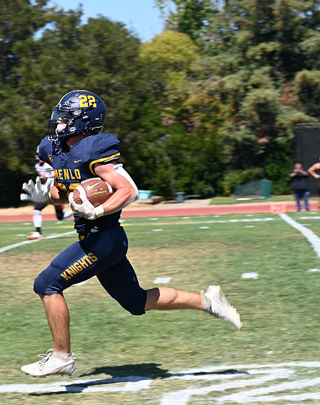 Menlo senior Chuck Wynn races toward the end zone for a second-quarter touchdown against San Mateo