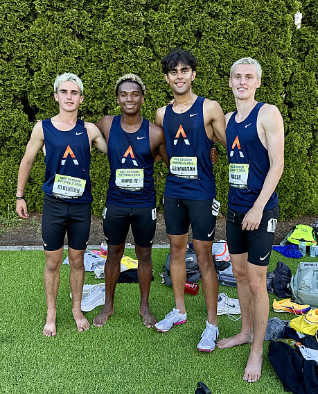 Menlo students, from left. Oliver Olbekson, Joseph Hurd, Amay Srinivasan and Henry Hauser ran the 4x800 at the Nike Outdoor Nationals and...