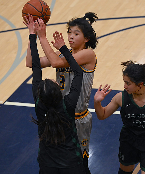 Menlo sophomore Ruiqi Liu shoots against Harker in the first half Tuesday.