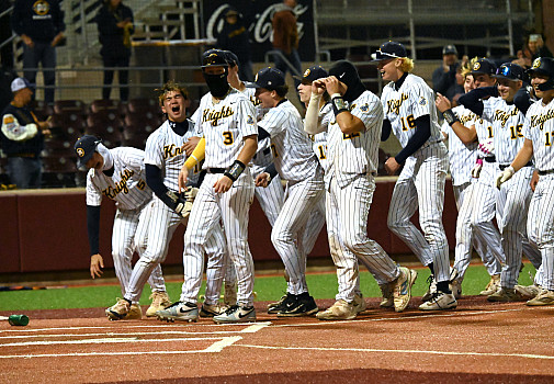 The Knights celebrate a walk-off single from senior right fielder Renner Barnett, left, in the ninth inning for a 7-6 win over Aptos in t...
