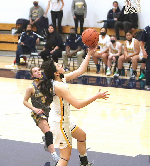 Menlo senior Shannon Li drives in for a layup in the second half of Tuesday's NorCal game against Alhambra