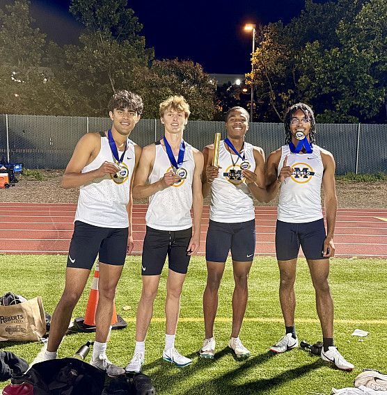 The team of Amay Srinivasan, Henry Hauser, Maxwell Johnson, and Tres Onyejekwe to win the 4x400, in a school-record in 3:27.08. They topp...