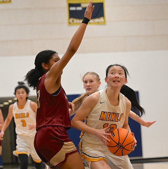 Menlo sophomore Karen Xin pump fakes then goes for two as West Valey's Mya Thomas defends.