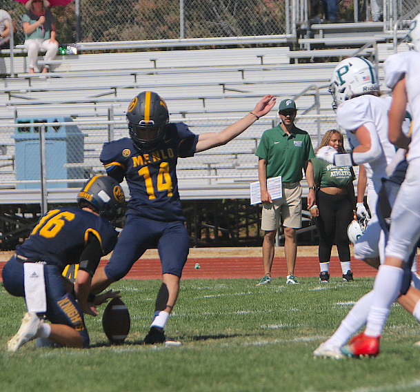 Menlo senior Ross Muchnick converts a 36-yard field goal try and delivered booming punts against Paly