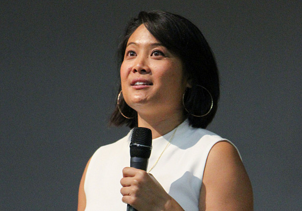 Justine Ang Fonte speaks to studenrs during assembly at Menlo School. Photo by Pete Zivkov.