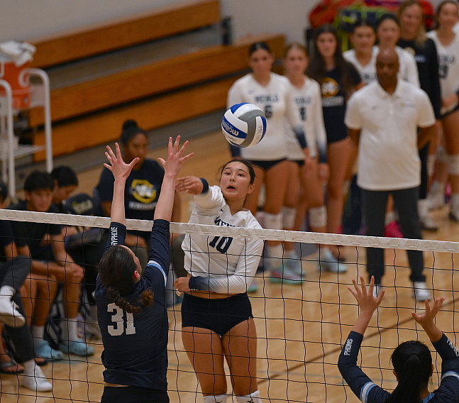 Menlo's Alex Fair delivers a kill against Crystal