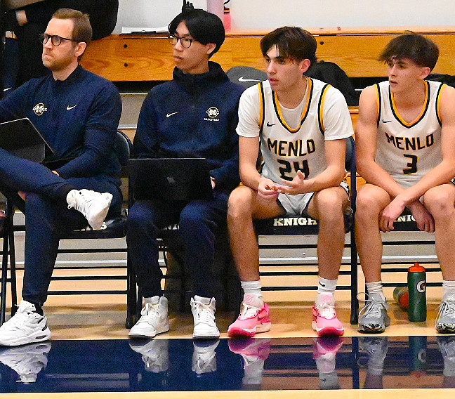 Menlo junior Aaron Lowe, next to Assistant Coach Matt Pierson,  takes extensive stats with the program he created this season.