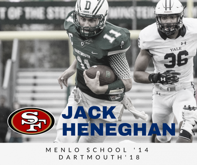 Dartmouth quarterback Jack Heneghan, a 2014 Menlo graduate, will report to San Francisco 49ers rookie camp Friday.