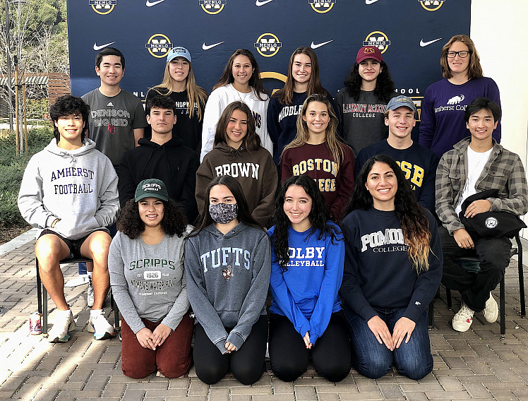 Bottom row, from left: Alina Hernandez (Scripps water polo), Zoe Gregory (Tufts volleyball), Alli McKenney (Colby volleyball), Sharon Nej...