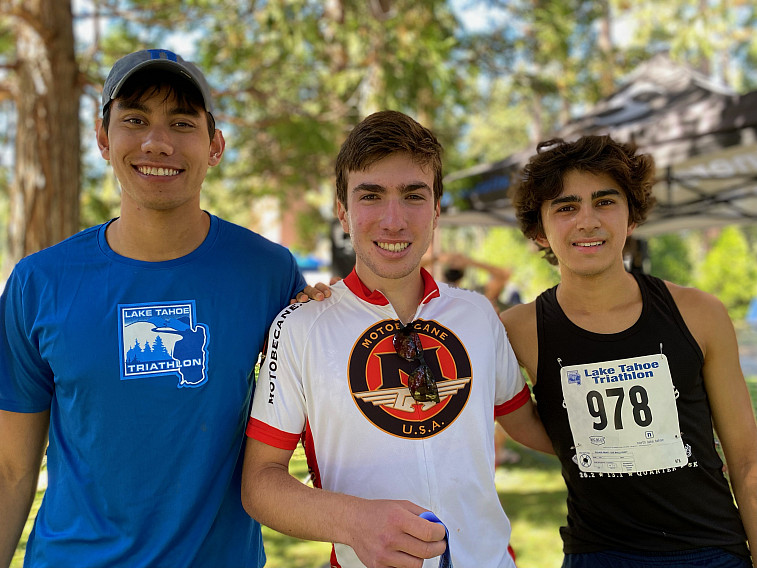 Menlo School seniors, from left:  Samuel Warman (swim), Sam Engel (bike), and Max Talwar (run) and won the Lake Tahoe Olympic Distance T...