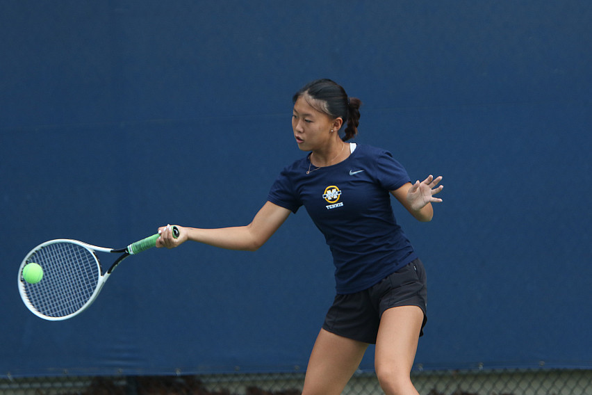 Menlo freshman Elise Chen picked up a straight-sets win against Crystal at No. 1