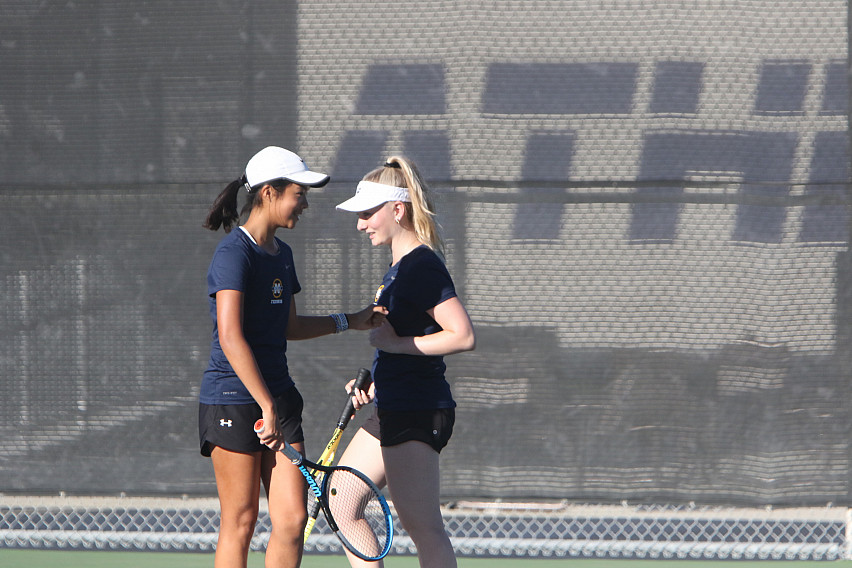 Kate Hsia and Ellie Hardegree were first doubles off the court after rallying for a victory.