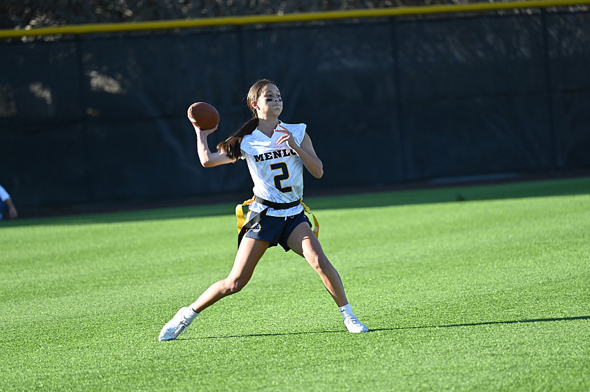 Ava Allen, Menlo's sophomore quarterback/defensive back threw for six touchdown passes, ran for an other and made an interception that le...