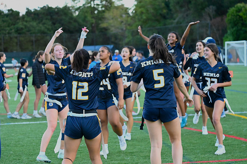 Menlo flag football celebrates after defeating Menlo-Atherton in the CCS Open semifinals at home.