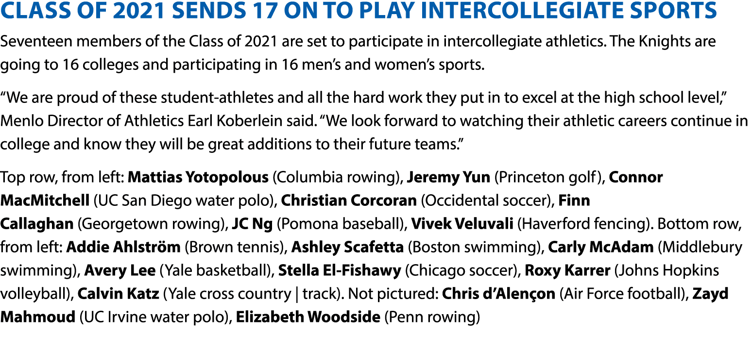 Class of 2021 Sends 17 ON to Play Intercollegiate SPORTs Seventeen members of the Class of 2021 are set to participat   
