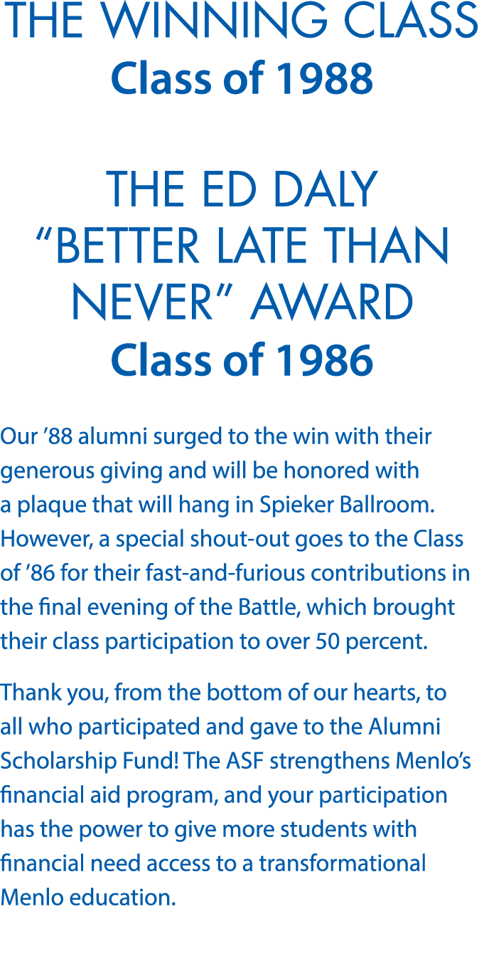 The Winning Class Class of 1988 The Ed Daly  Better Late Than Never  Award Class of 1986 Our  88 alumni surged to the   