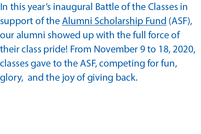 In this year s inaugural Battle of the Classes in support of the Alumni Scholarship Fund (ASF), our alumni showed up    