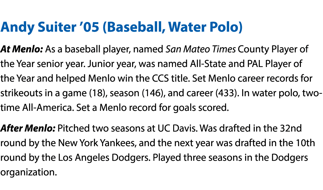 Andy Suiter  05 (Baseball, Water Polo) At Menlo: As a baseball player, named San Mateo Times County Player of the Ye   